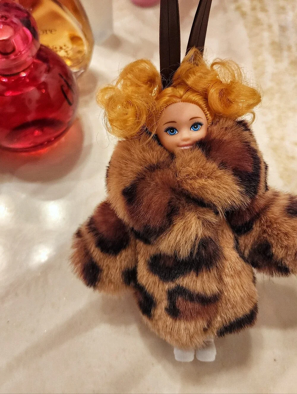 Plush Fur Doll Bag Charm - Brown Leopard Print